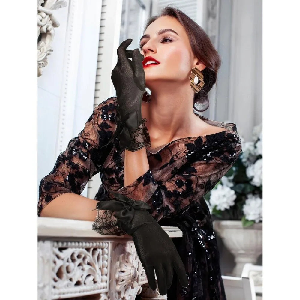 Women's Evening Black Elegant Short Lace Bow Gloves Party Wedding Accessories